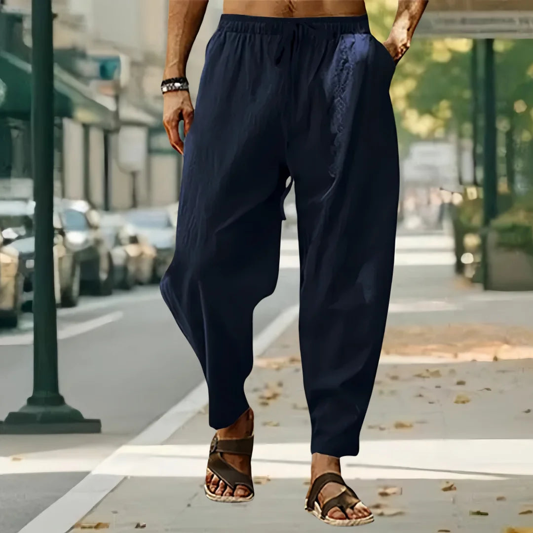 New Men Cotton Linen Pants Summer and Autumn Solid High Waist Wide-Leg Trousers Male Loose Hemp Casual Breathable Sports Pants