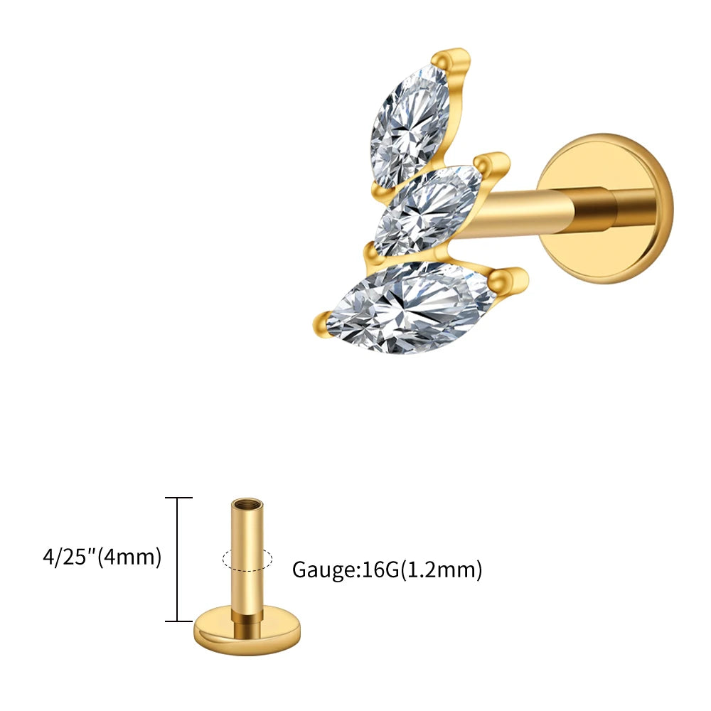 Right Grand ASTM F136 Titanium 16G Cluster Marquise CZ Tragus Helix Stud Conch Lobe Rook Cartilage Leaf Climber Flat Back Labret