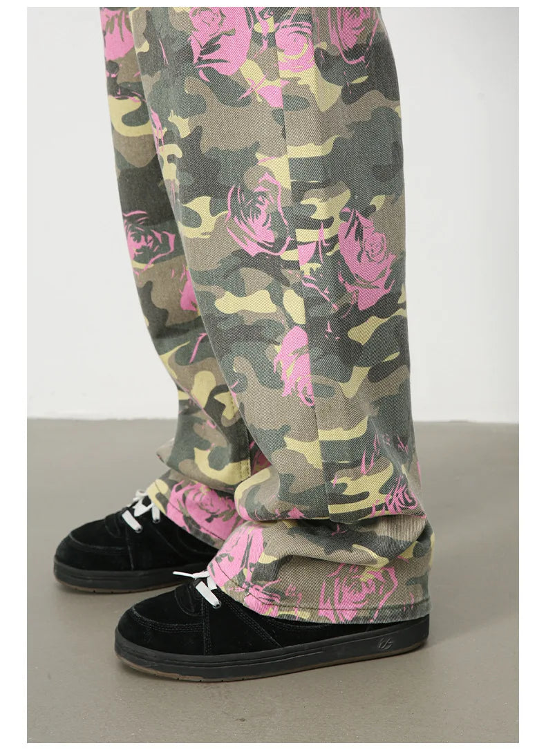 PFNW American 2025 New Tide Camouflage Jeans Men's Ins Loose Straight Wide Leg Casual Denim Pants Loose Male Trousers 12C2036