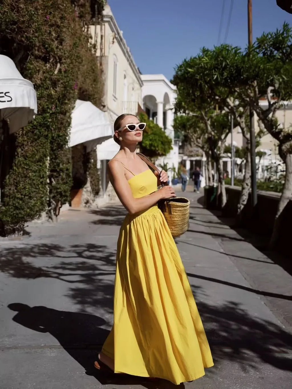 YENKYE 2025 Women Yellow White Cotton Big Swing Long Skirt Vintage High Waist Side Zipper A-line Summer Skirts Holiday