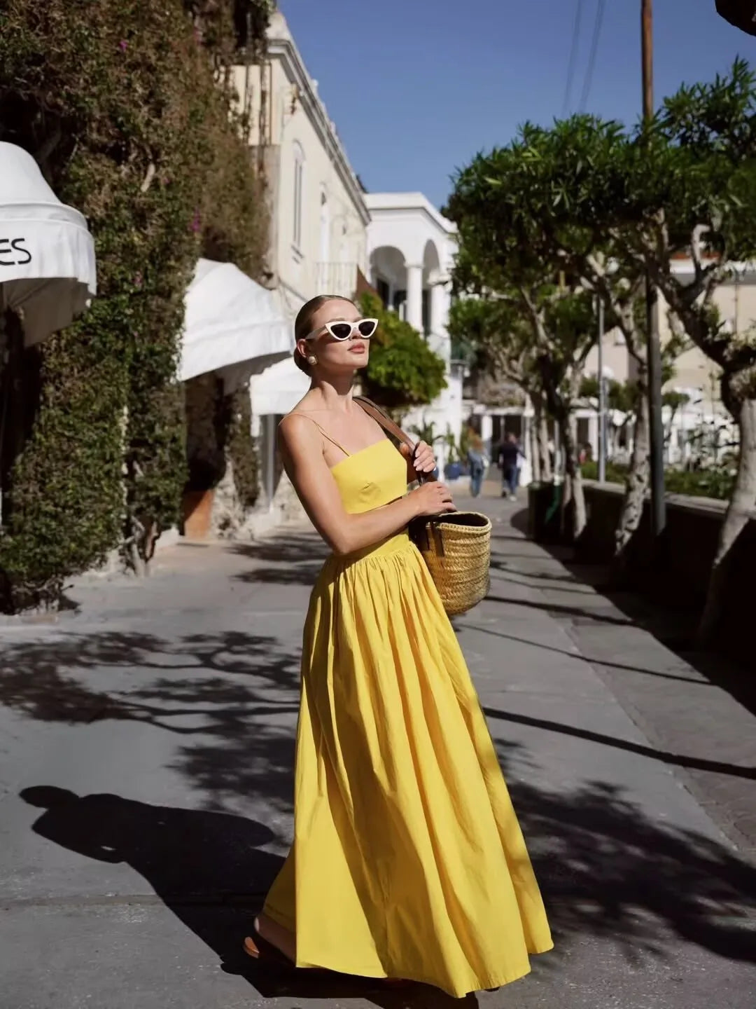 YENKYE 2025 Women Yellow White Cotton Big Swing Long Skirt Vintage High Waist Side Zipper A-line Summer Skirts Holiday