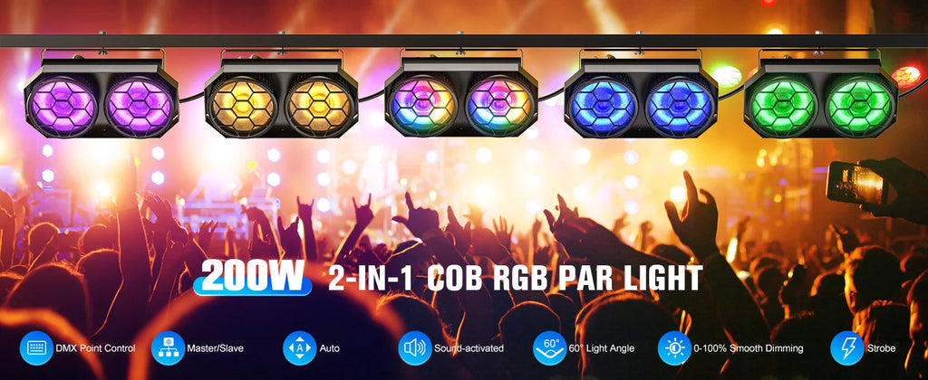 Fieryzeal 2PCS 200W COB LED Par Light 2x100W Cool&Warm White 2IN1 RGB Audience Light DMX Strobe Stage Light for DJ Disco Party