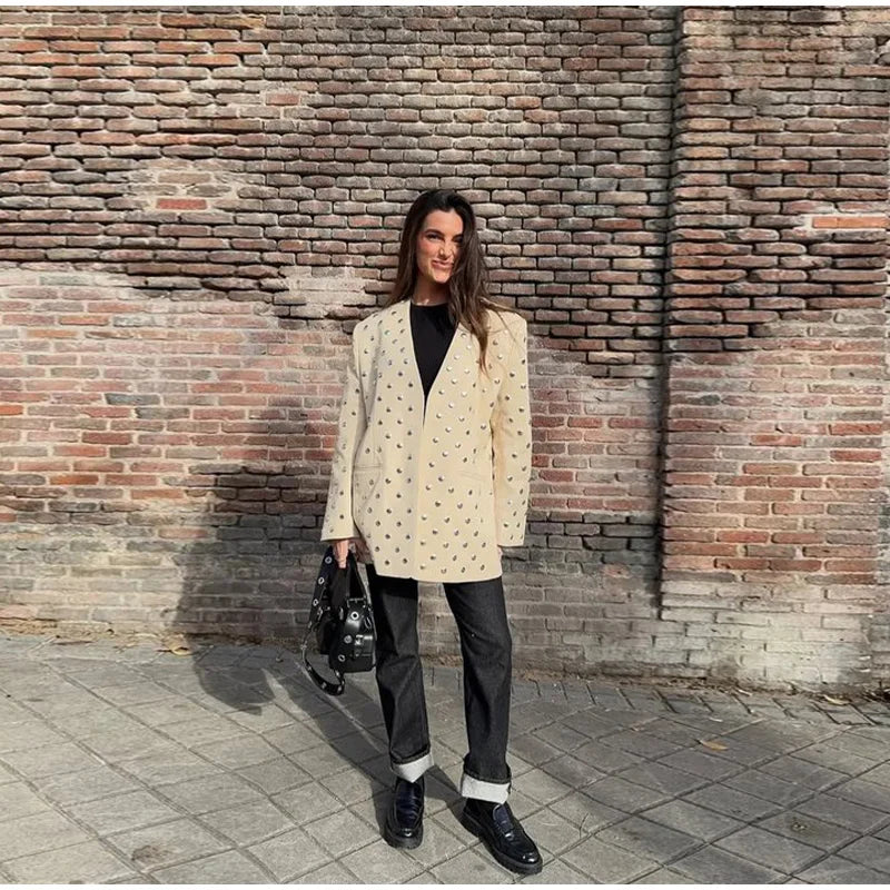 Rivet Fashion V-neck Balzer Coat Women Shoulder Pads Loose Fake Pocket Long Sleeve Jacket 2025 Spring Street Party Commute Tops