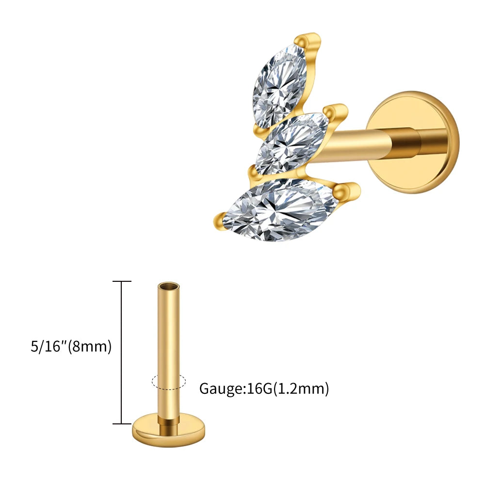 Right Grand ASTM F136 Titanium 16G Cluster Marquise CZ Tragus Helix Stud Conch Lobe Rook Cartilage Leaf Climber Flat Back Labret