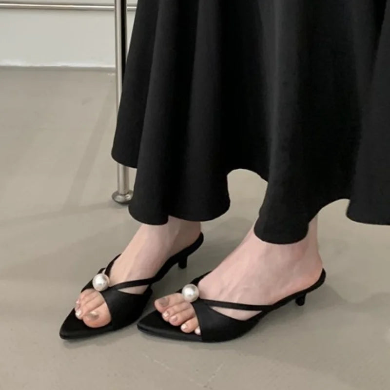 Female Slip on Footwear Silk Fashion String Bead Elegant Women Low Heel Shoes Pointed Toe Ladies Heeled Pumps Slides Shoes