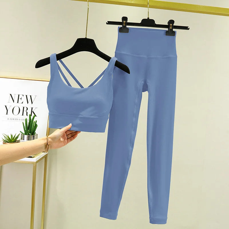 TRY TO BN Tummy Control Gym Set 2 Piece High Waisted Leggings Cross Bra Squat Proof Fitness Breathable Yoga Outfits Workout Set