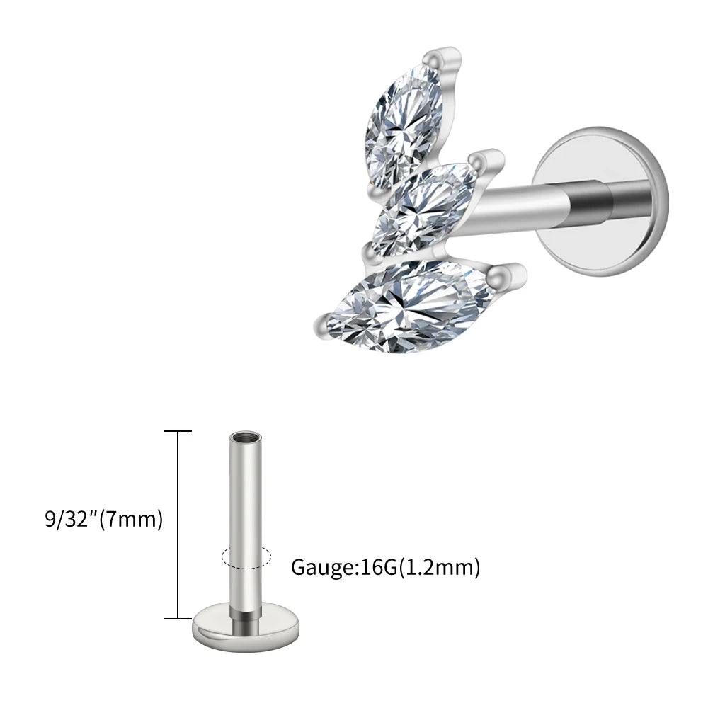 Right Grand ASTM F136 Titanium 16G Cluster Marquise CZ Tragus Helix Stud Conch Lobe Rook Cartilage Leaf Climber Flat Back Labret