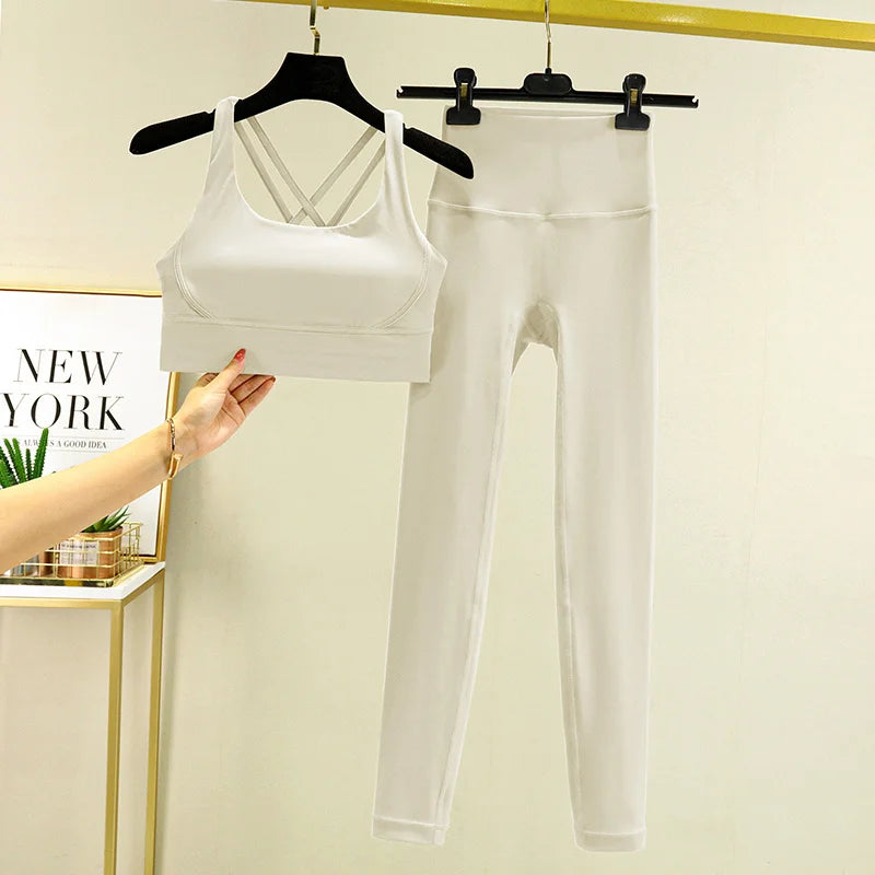 TRY TO BN Tummy Control Gym Set 2 Piece High Waisted Leggings Cross Bra Squat Proof Fitness Breathable Yoga Outfits Workout Set