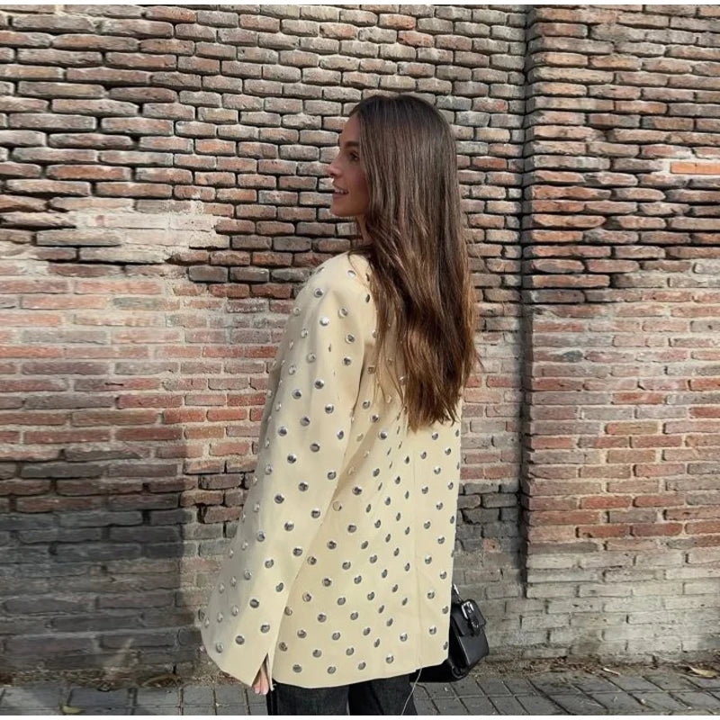 Rivet Fashion V-neck Balzer Coat Women Shoulder Pads Loose Fake Pocket Long Sleeve Jacket 2025 Spring Street Party Commute Tops