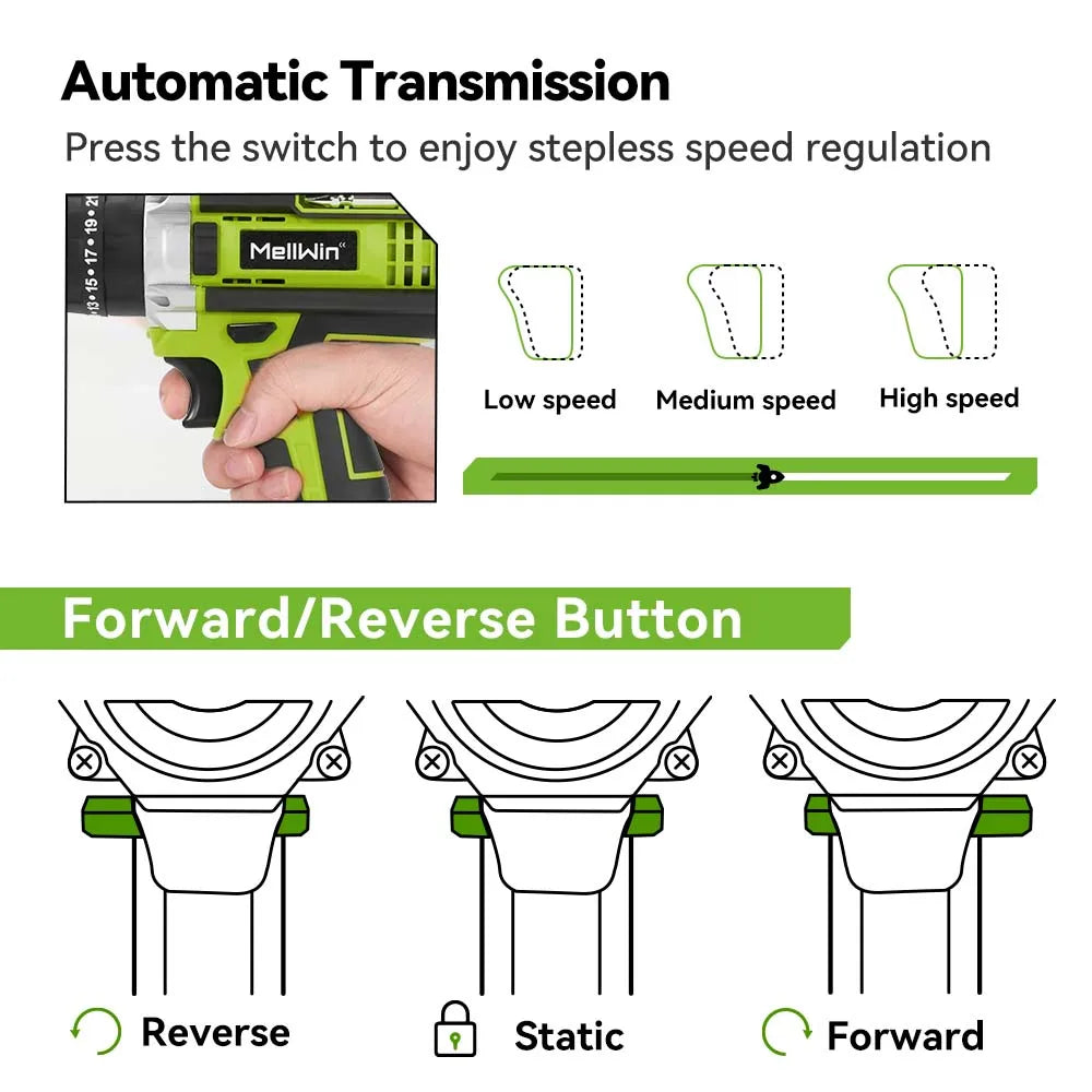 ONEGREEN 25+3 Torque Electric Impact Drill 3 Mode Adjustable Cordless Electric Screwdriver Power Tool For Makita 21V Battery Pin