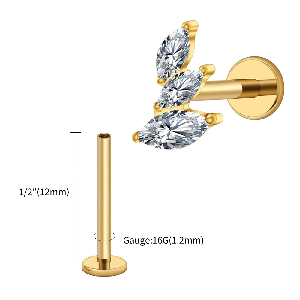Right Grand ASTM F136 Titanium 16G Cluster Marquise CZ Tragus Helix Stud Conch Lobe Rook Cartilage Leaf Climber Flat Back Labret