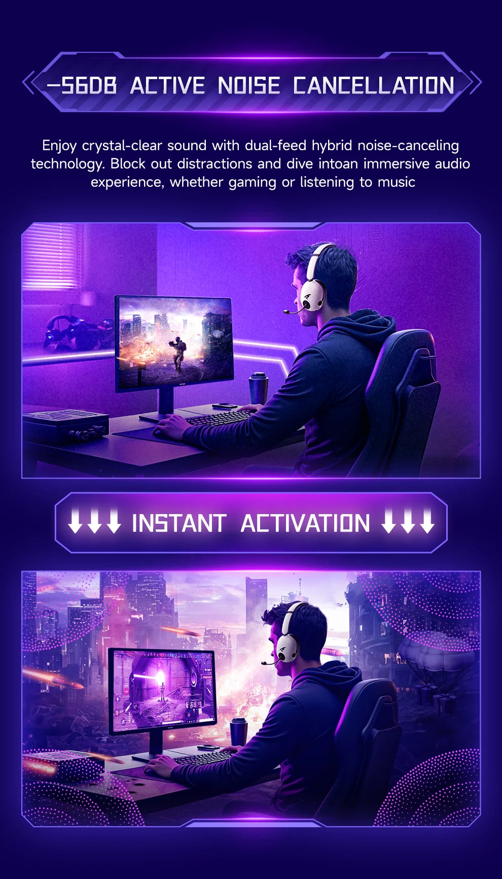 Picun UG-10A Gaming Wireless Headphone with Mic Over-Ear Headset 56dB Bluetooth 6.0 40mm Driver 2.4G/Wireless/Cable Earphones
