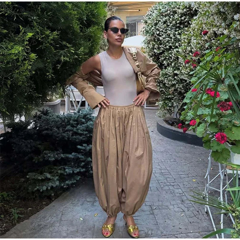 Drop Waist Lantern Pant 3 Pieces Suit Women Stripe Bikini Long Sleeve Lapel Shirt Pants Sets 2026 Female Casual Street Outfit