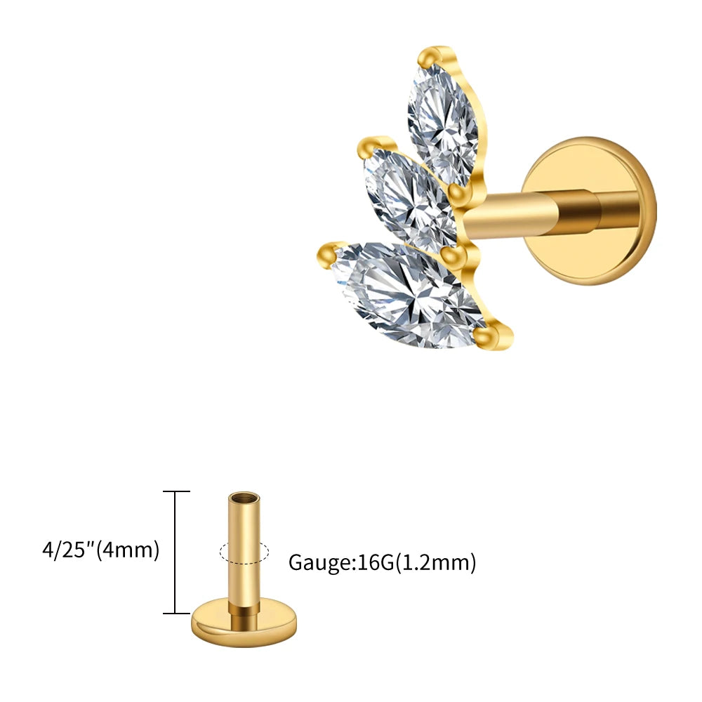 Right Grand ASTM F136 Titanium 16G Cluster Marquise CZ Tragus Helix Stud Conch Lobe Rook Cartilage Leaf Climber Flat Back Labret