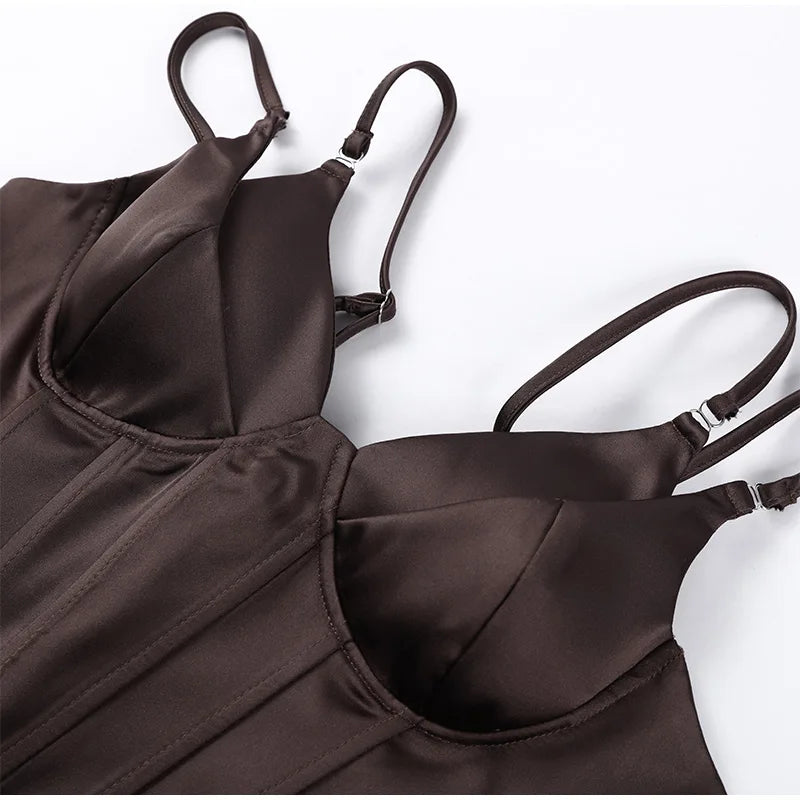 Women Solid Deep-V Satin Camisole Corset Top Elegant Double-Strap Fitted Cropped Back-Tie 2025 Chic Versatile Date Lady Tops