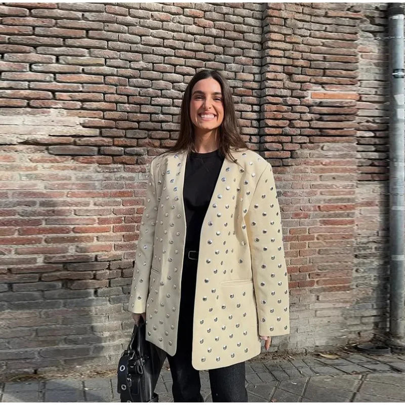 Rivet Fashion V-neck Balzer Coat Women Shoulder Pads Loose Fake Pocket Long Sleeve Jacket 2025 Spring Street Party Commute Tops
