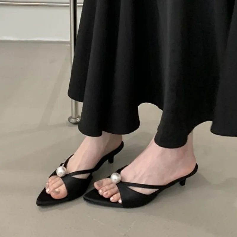 Female Slip on Footwear Silk Fashion String Bead Elegant Women Low Heel Shoes Pointed Toe Ladies Heeled Pumps Slides Shoes