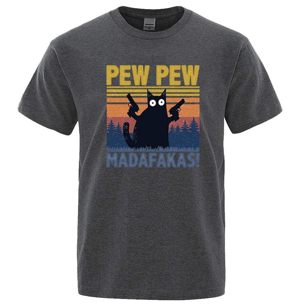 Pew Pew Madafakas Tshirt Men Short Sleeve Novelty Funny Cat T Shirt Cotton Oversize Tops Shirts Tee T-Shirt Crew Neck Streetwear