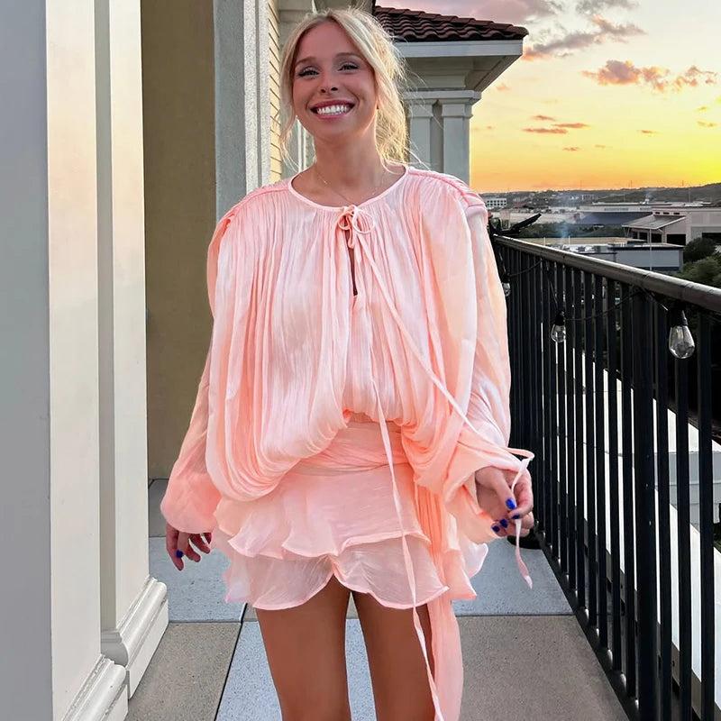 TARUXY Elegant Pleated Mini Dress For Women Lace Up Shiny Long Sleeve Dress Evening Party Outfits High Waist Female Slim Dress