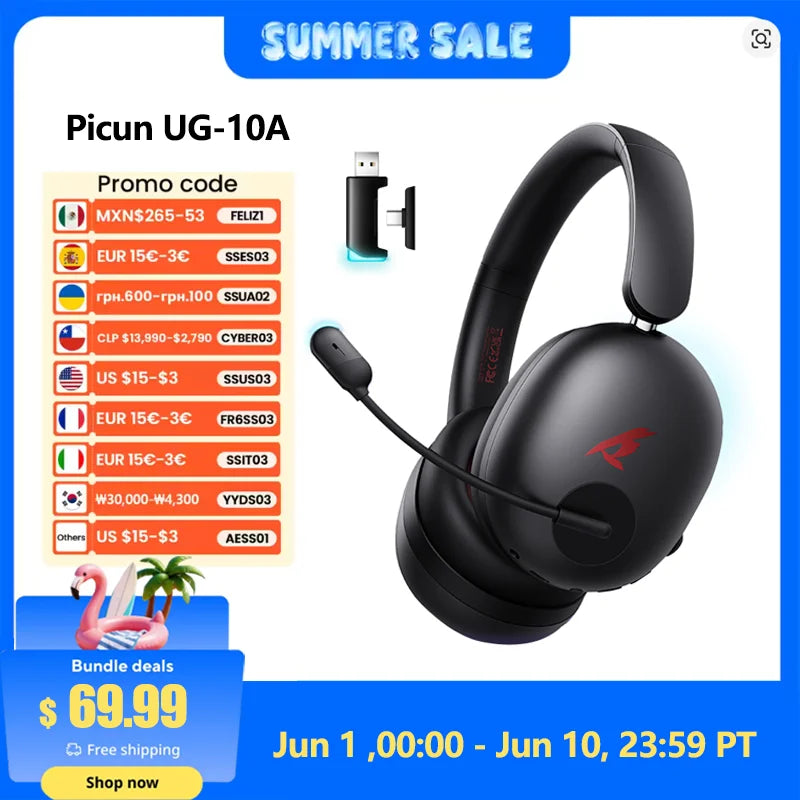Picun UG-10A Gaming Wireless Headphone with Mic Over-Ear Headset 56dB Bluetooth 6.0 40mm Driver 2.4G/Wireless/Cable Earphones