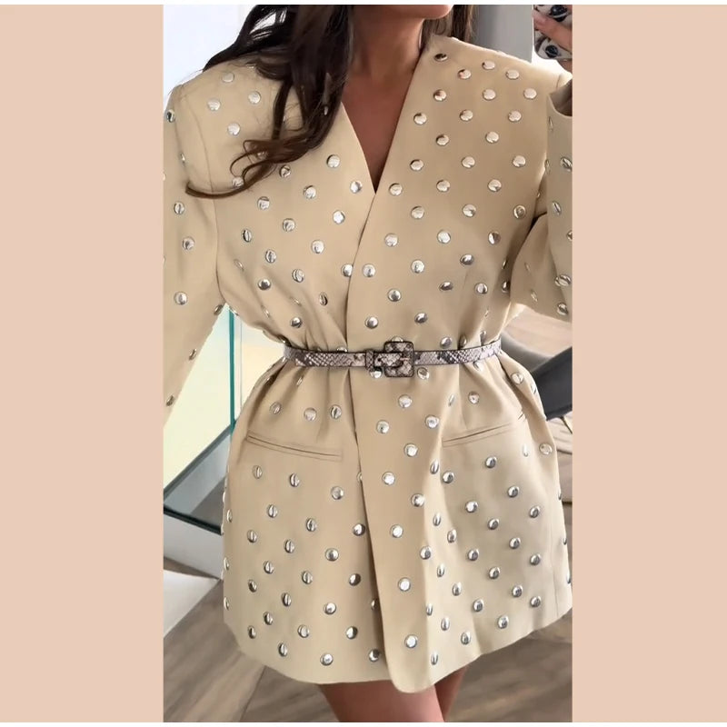 Rivet Fashion V-neck Balzer Coat Women Shoulder Pads Loose Fake Pocket Long Sleeve Jacket 2025 Spring Street Party Commute Tops