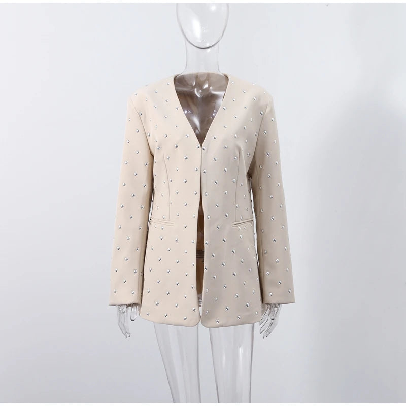 Rivet Fashion V-neck Balzer Coat Women Shoulder Pads Loose Fake Pocket Long Sleeve Jacket 2025 Spring Street Party Commute Tops