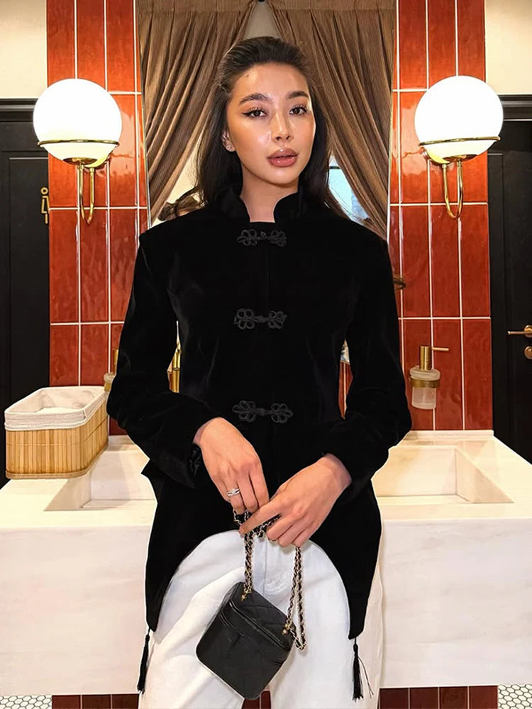 Black Velvet Tassel Jacket Knot Button Asymmetric Hem Long Sleeve Slim Fit Elegant Daily Commute Streetwear Fashion Outerwear