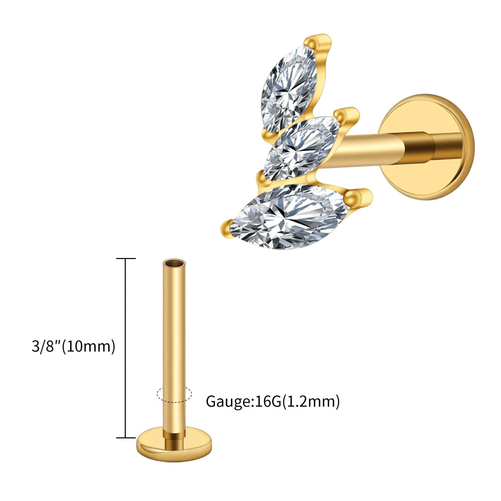 Right Grand ASTM F136 Titanium 16G Cluster Marquise CZ Tragus Helix Stud Conch Lobe Rook Cartilage Leaf Climber Flat Back Labret