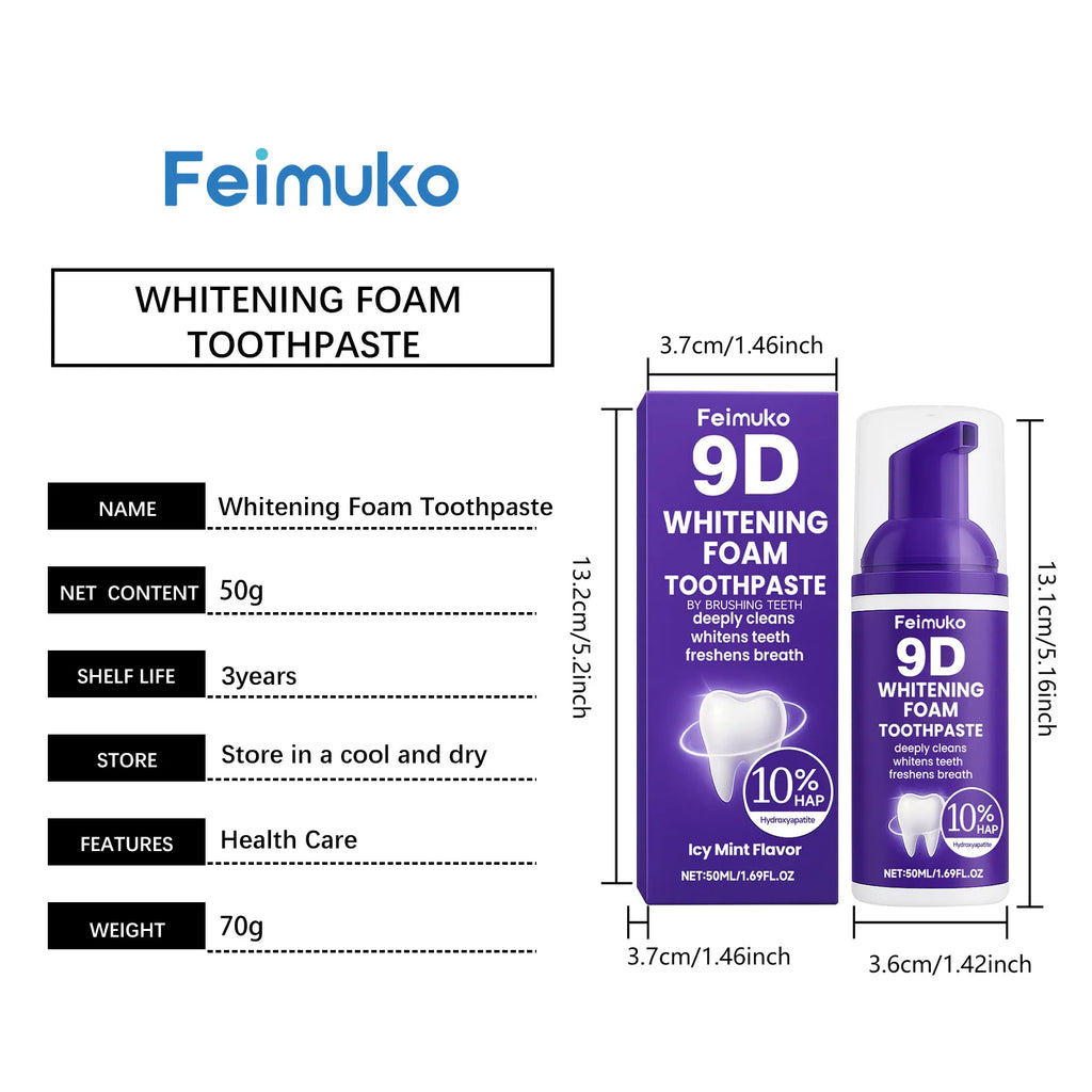 9D Purple Tooth Mousse WHITENING FOAM TOOTHPASTE 10% Hydroxyapatite Fresh Breath Travel Teeth Whitening Stain Removal Oral Care