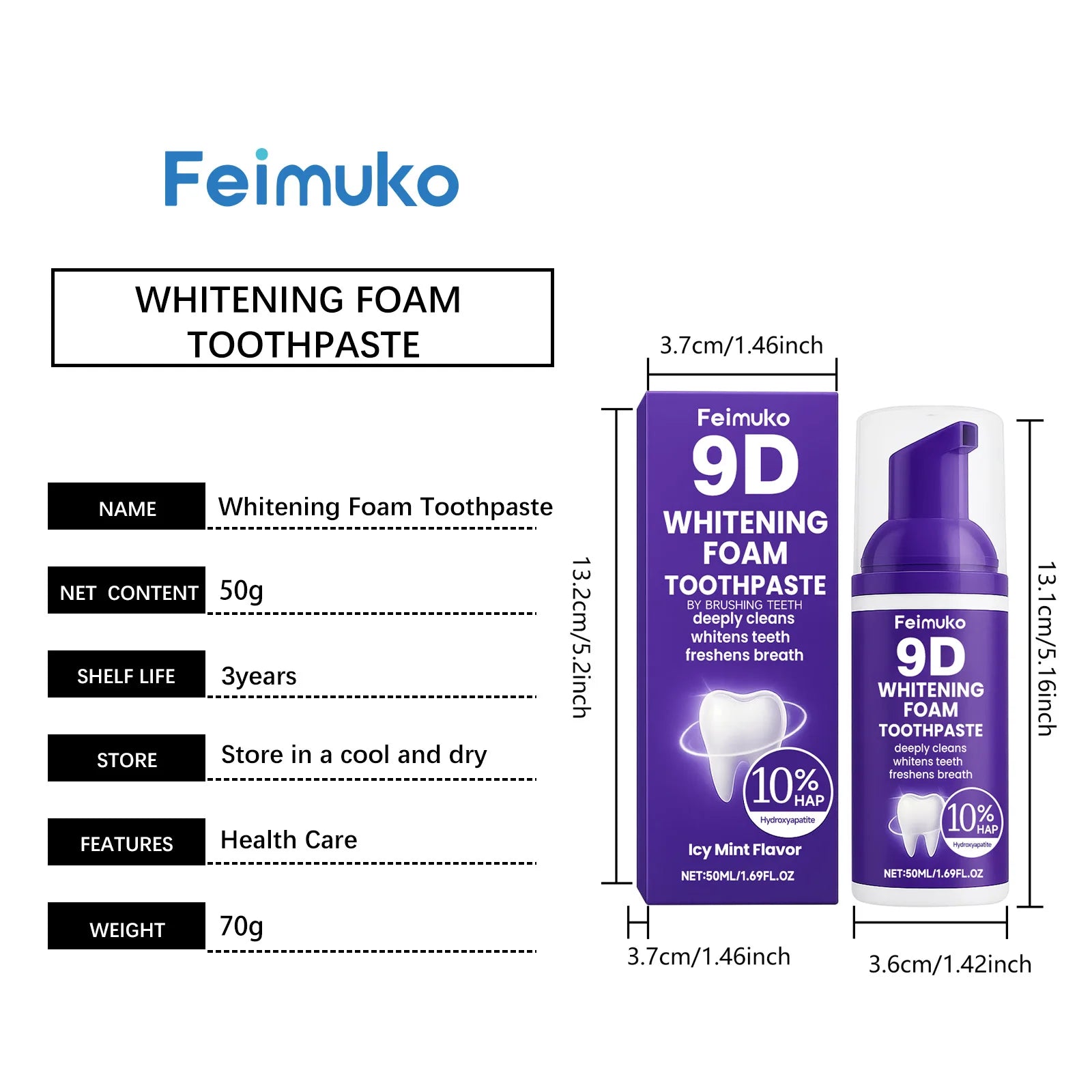9D Purple Tooth Mousse WHITENING FOAM TOOTHPASTE 10% Hydroxyapatite Fresh Breath Travel Teeth Whitening Stain Removal Oral Care