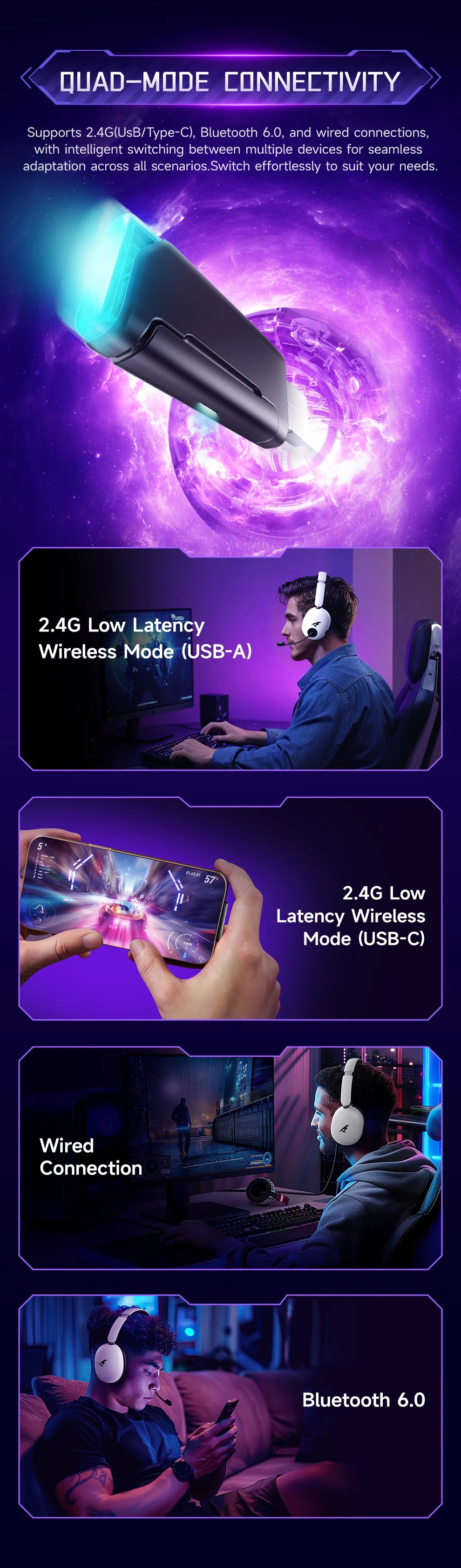 Picun UG-10A Gaming Wireless Headphone with Mic Over-Ear Headset 56dB Bluetooth 6.0 40mm Driver 2.4G/Wireless/Cable Earphones