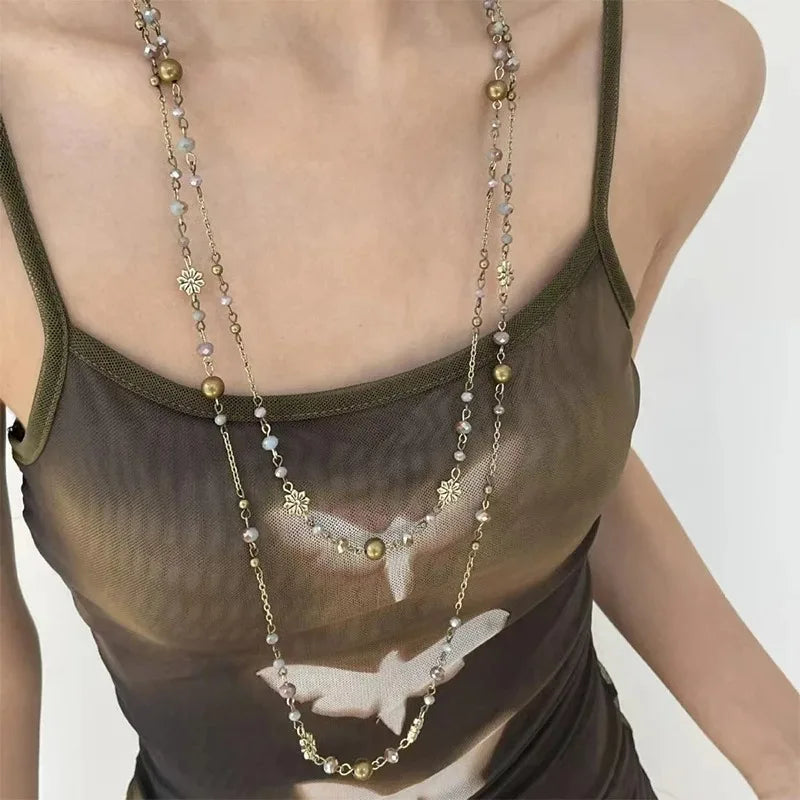 Retro Alien Irregular Baroque Pearl Pendant Necklace for Women Vintage Green Black Crystal Bead Long Necklace Neck Chain Jewelry