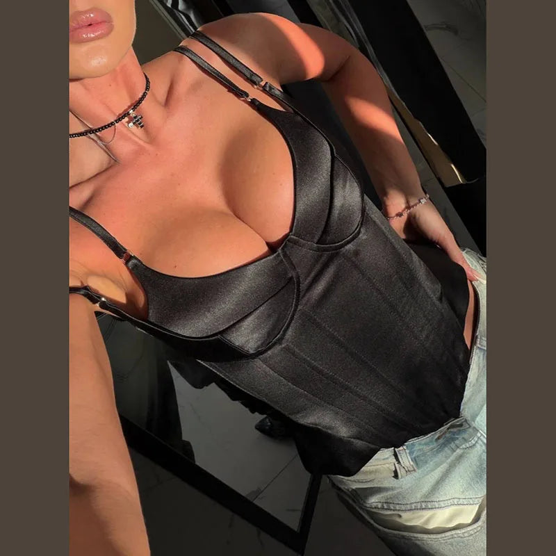 Women Solid Deep-V Satin Camisole Corset Top Elegant Double-Strap Fitted Cropped Back-Tie 2025 Chic Versatile Date Lady Tops
