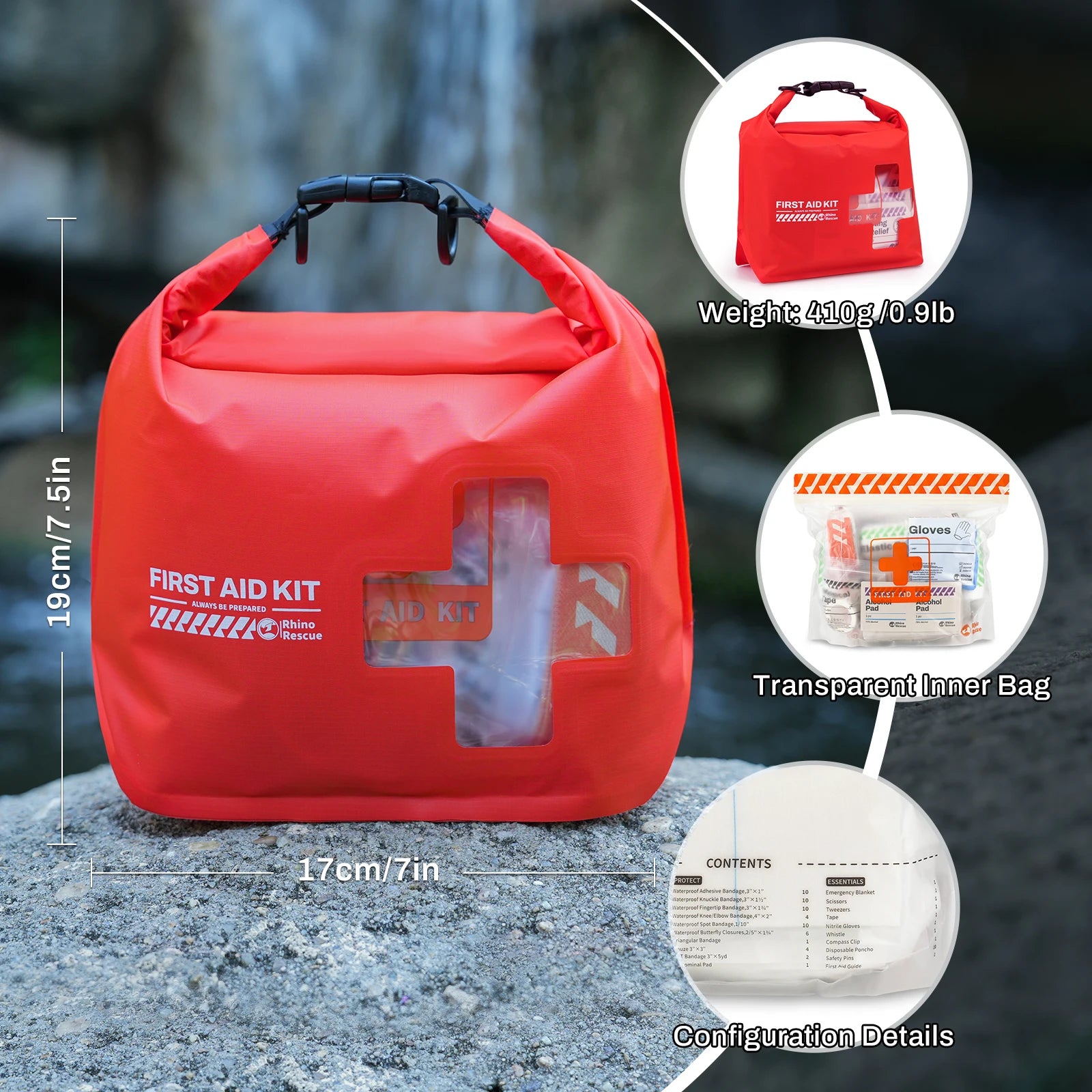 RHINO RESCUE Waterproof First Aid Kit, Lightweight Boat Dry Bag, Emergency Survival Supplies for Outdoor Kayak Floating Swimming