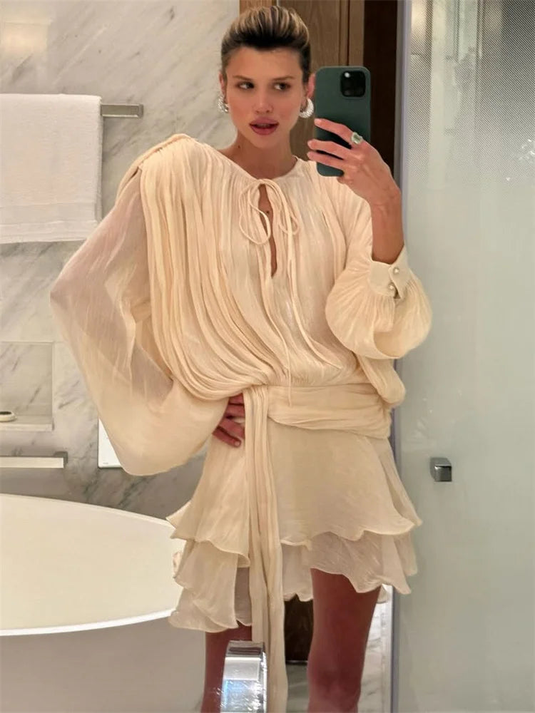 TARUXY Elegant Pleated Mini Dress For Women Lace Up Shiny Long Sleeve Dress Evening Party Outfits High Waist Female Slim Dress