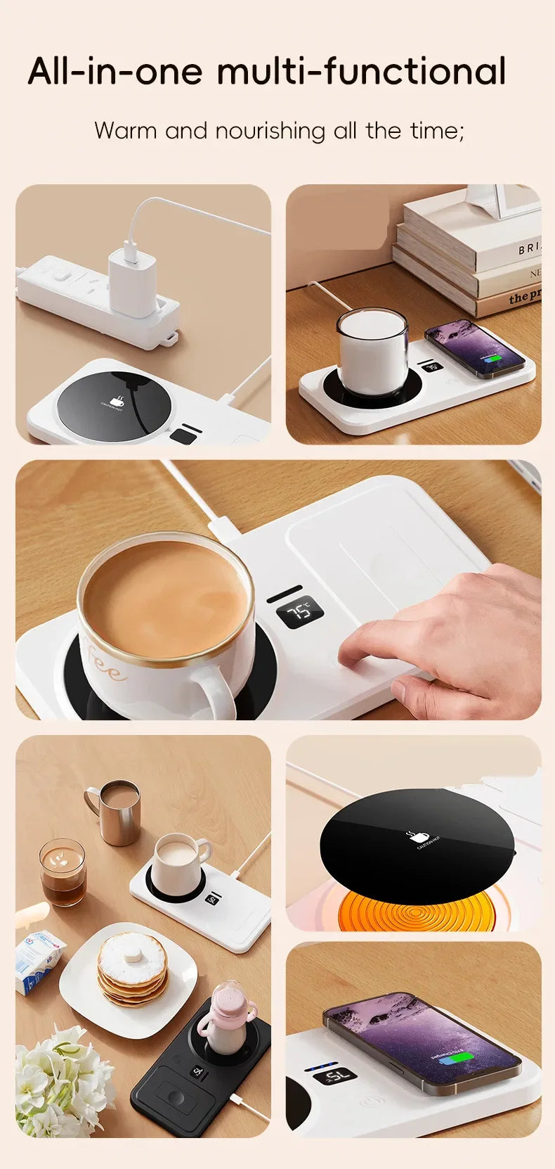 2 in 1 Coffee Mug Warmer Wireless Charger Multi-functional Cup Heating Pad 3 Gear Temperature Warmer Coaster For Milk Tea Water