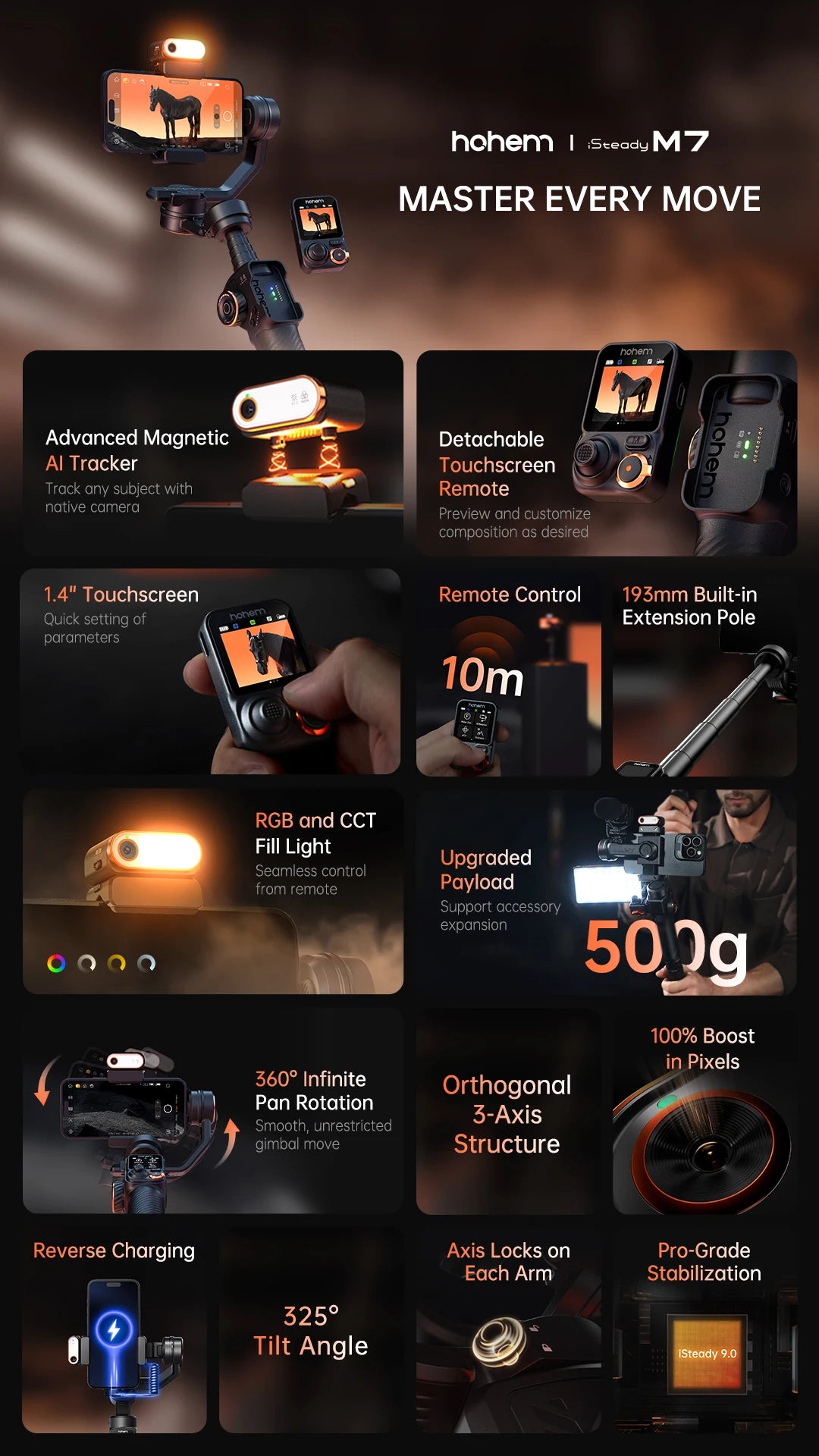 Hohem official-website isteady М7 Stabilizer Ai Face Tracking 3-Axis Phone Gimbal Built-in Selfie Stick iPhone16/Samsung Gimbal