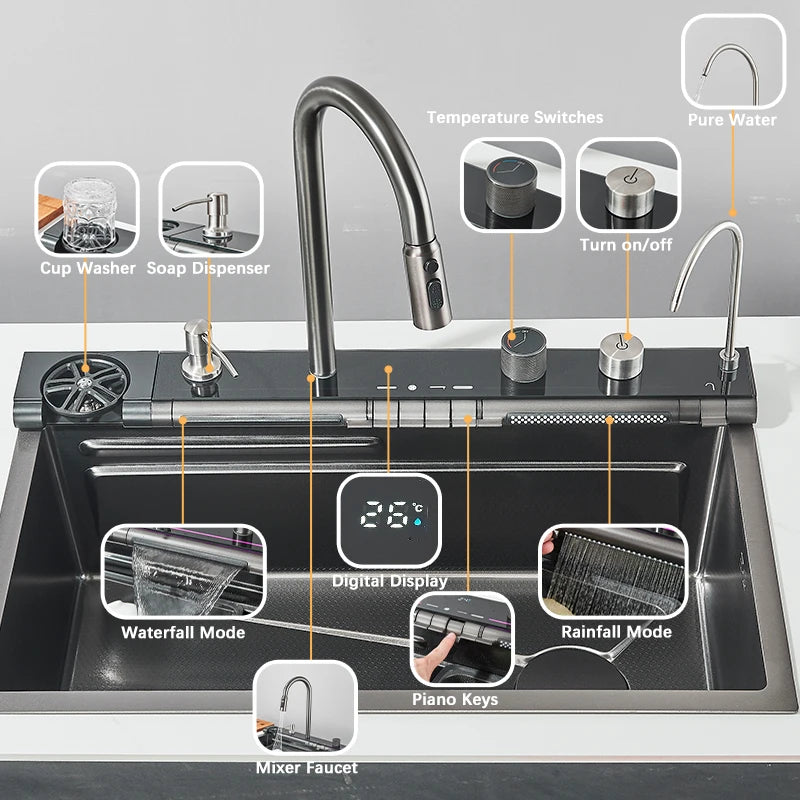 Shinesia Stainless Steel Kitchen Waterfall Sink Digital Display Large Single Sink Dish Basin Sink With Multifunction