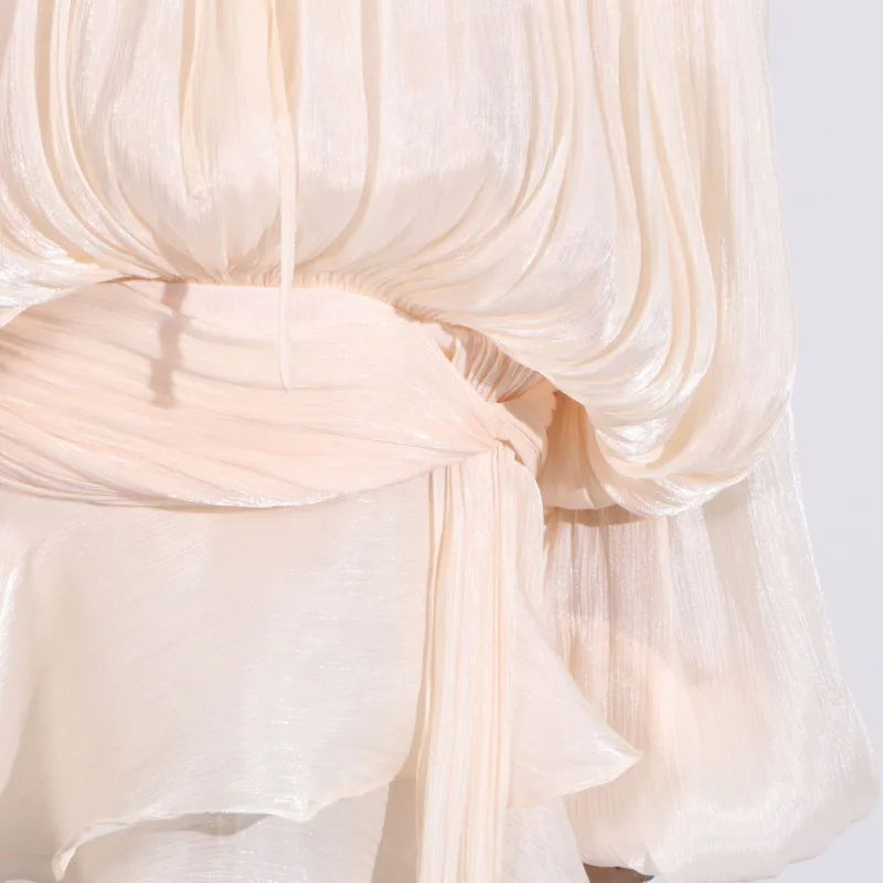 TARUXY Elegant Pleated Mini Dress For Women Lace Up Shiny Long Sleeve Dress Evening Party Outfits High Waist Female Slim Dress