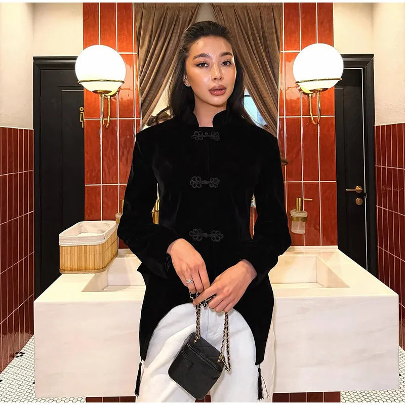 Black Velvet Tassel Jacket Knot Button Asymmetric Hem Long Sleeve Slim Fit Elegant Daily Commute Streetwear Fashion Outerwear