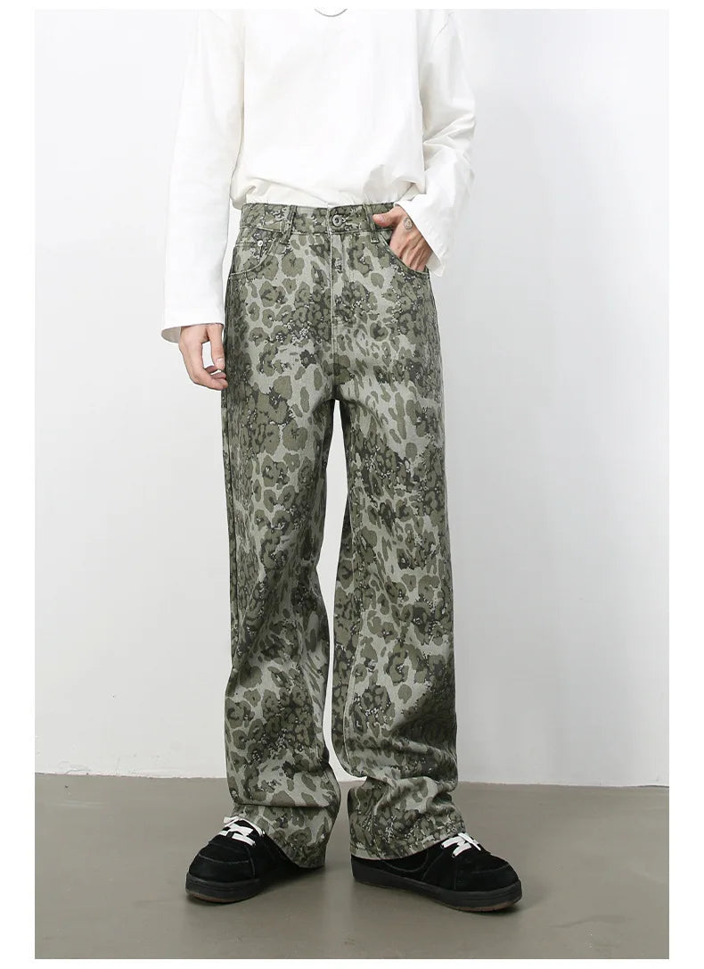 PFNW American 2025 New Tide Camouflage Jeans Men's Ins Loose Straight Wide Leg Casual Denim Pants Loose Male Trousers 12C2036