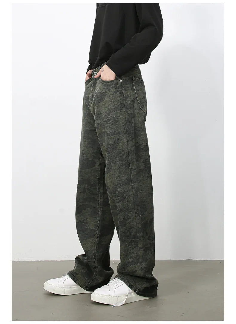 PFNW American 2025 New Tide Camouflage Jeans Men's Ins Loose Straight Wide Leg Casual Denim Pants Loose Male Trousers 12C2036