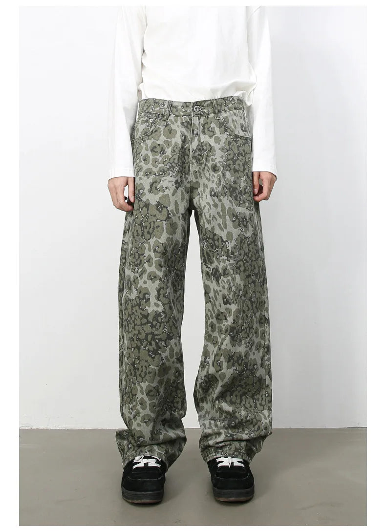 PFNW American 2025 New Tide Camouflage Jeans Men's Ins Loose Straight Wide Leg Casual Denim Pants Loose Male Trousers 12C2036