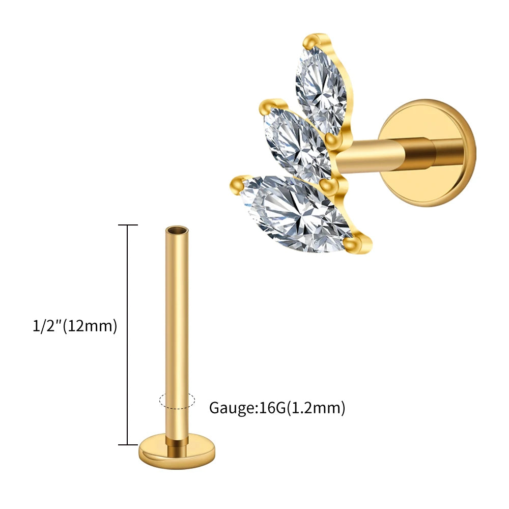 Right Grand ASTM F136 Titanium 16G Cluster Marquise CZ Tragus Helix Stud Conch Lobe Rook Cartilage Leaf Climber Flat Back Labret