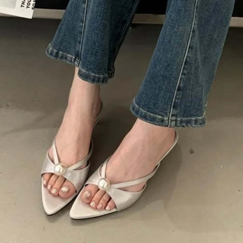 Female Slip on Footwear Silk Fashion String Bead Elegant Women Low Heel Shoes Pointed Toe Ladies Heeled Pumps Slides Shoes