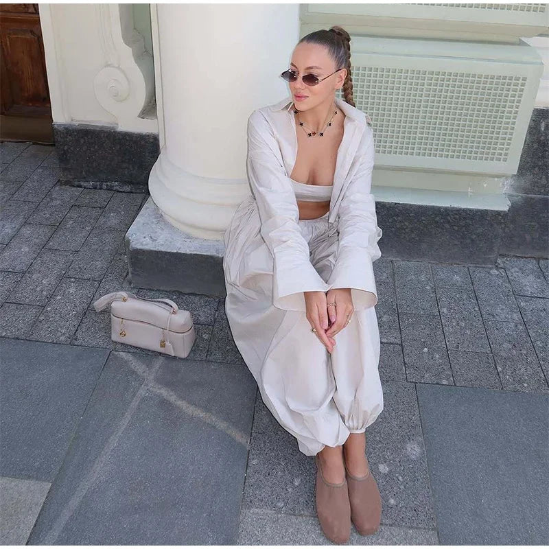 Drop Waist Lantern Pant 3 Pieces Suit Women Stripe Bikini Long Sleeve Lapel Shirt Pants Sets 2026 Female Casual Street Outfit