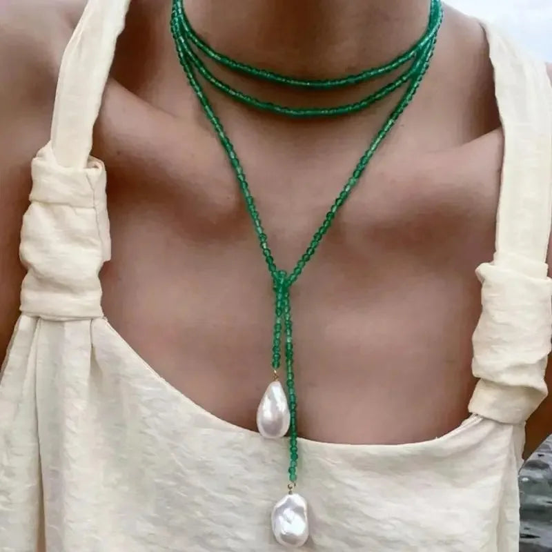 Retro Alien Irregular Baroque Pearl Pendant Necklace for Women Vintage Green Black Crystal Bead Long Necklace Neck Chain Jewelry