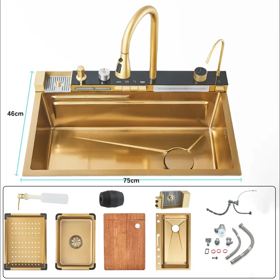 Shinesia Stainless Steel Kitchen Waterfall Sink Digital Display Large Single Sink Dish Basin Sink With Multifunction
