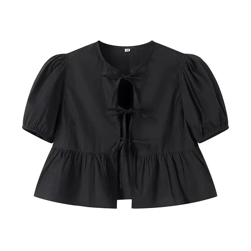 MUJER Leopard Print Crop Top Women Puff Sleeve Ruffle Blouses Woman 2025 Summer Shirts and Blouses for Women Ruched Ladies Tops