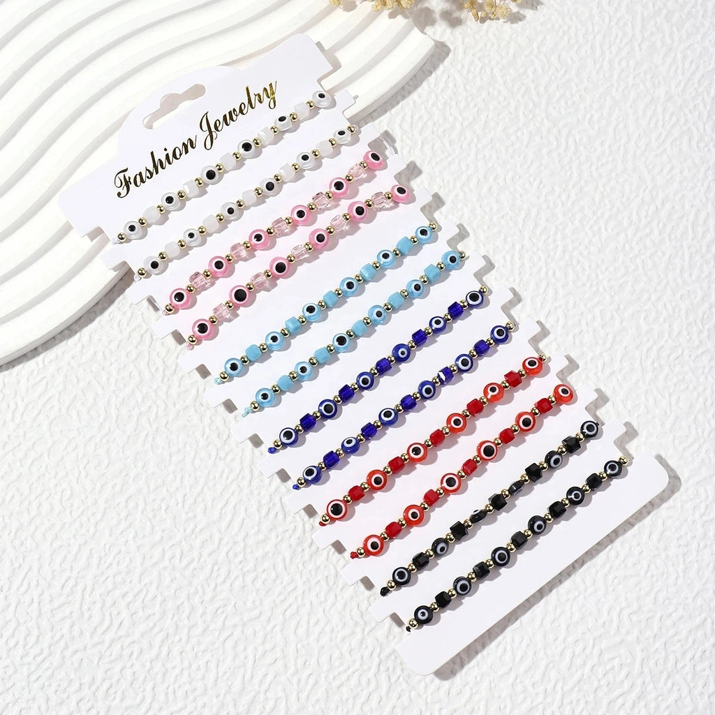 12pcs New Evil Eye Square Crystal Bracelet Handmade Prayer Bangles Adjustable Anklets Wrist Jewelry Gift for Friend